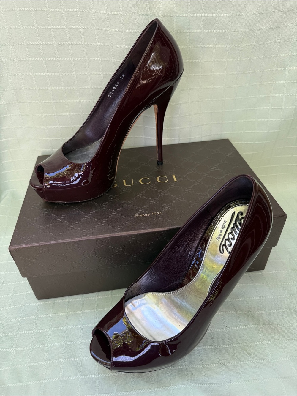 Gucci Patent Peep-Toe Stiletto Pump in Burgundy in the Box